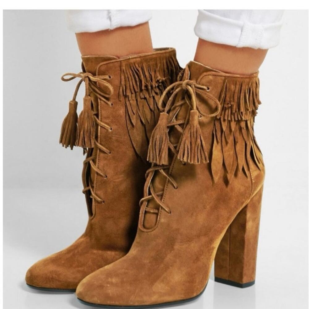 Aquazzura Woodstock Brown‎ Suede Fringe Booties Size 38 or US Size 7.5